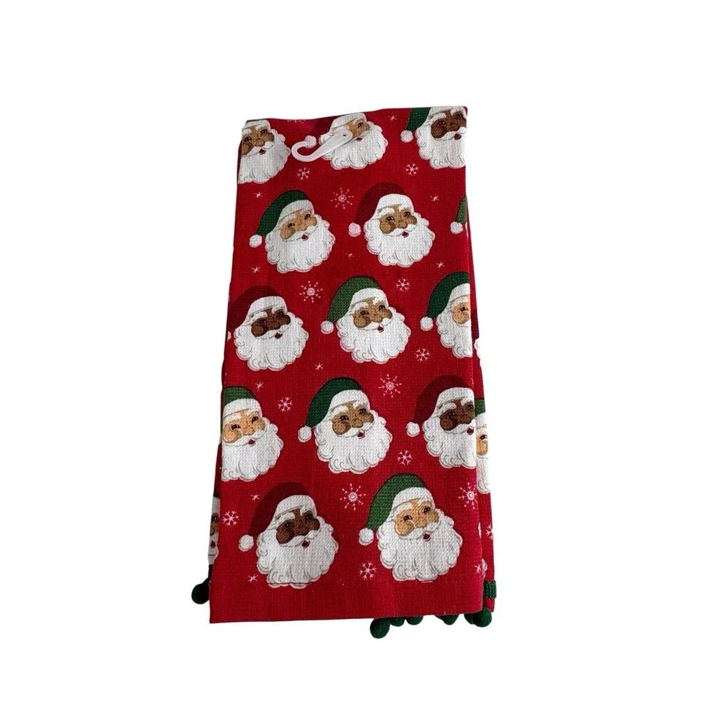 Christmas Santa Clause Kitchen Red Towel With Green Pom Poms Snowflake Diverse